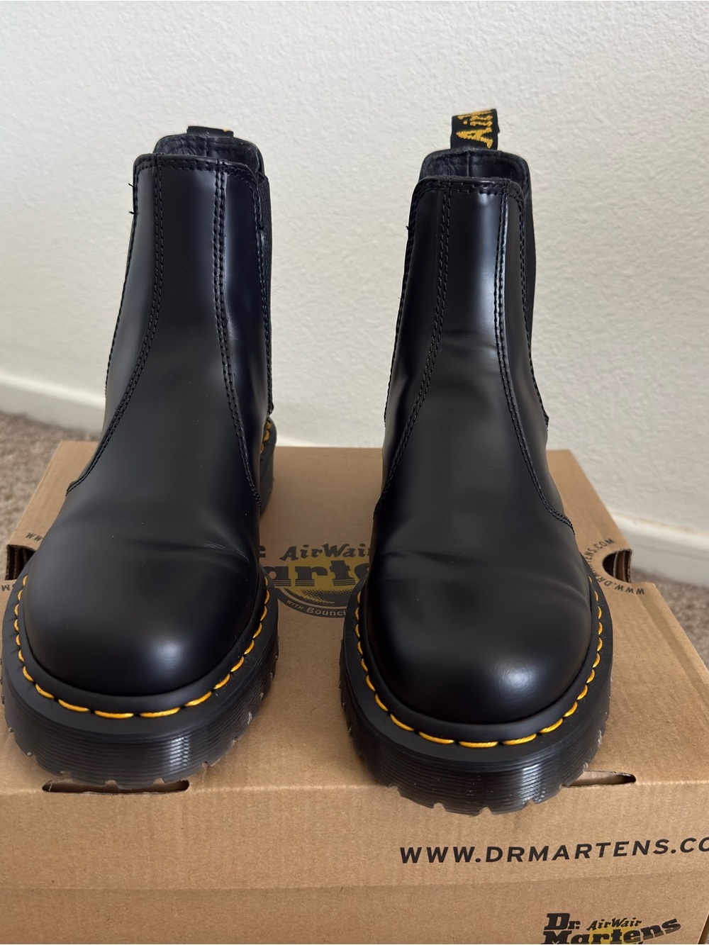 Dr. Martens Black Leather Chelsea Boots with Yellow Stitching
